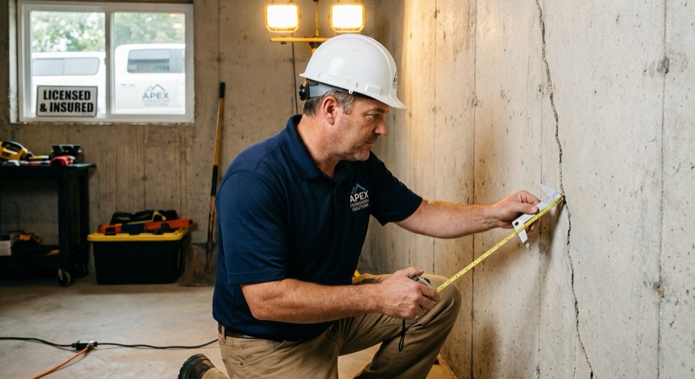 Contractor inspecting foundation crack